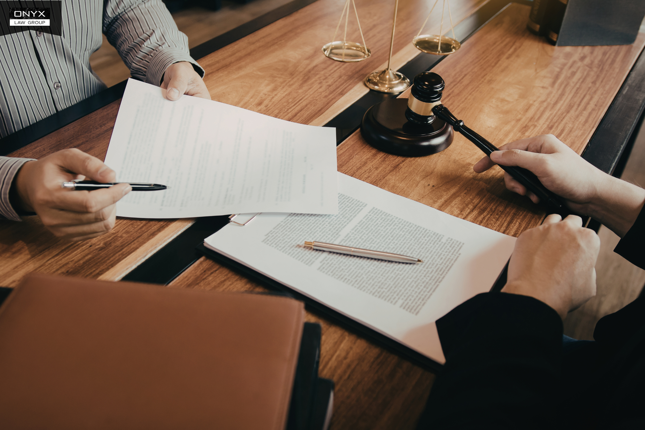Appellate court judges reviewing legal briefs and trial records