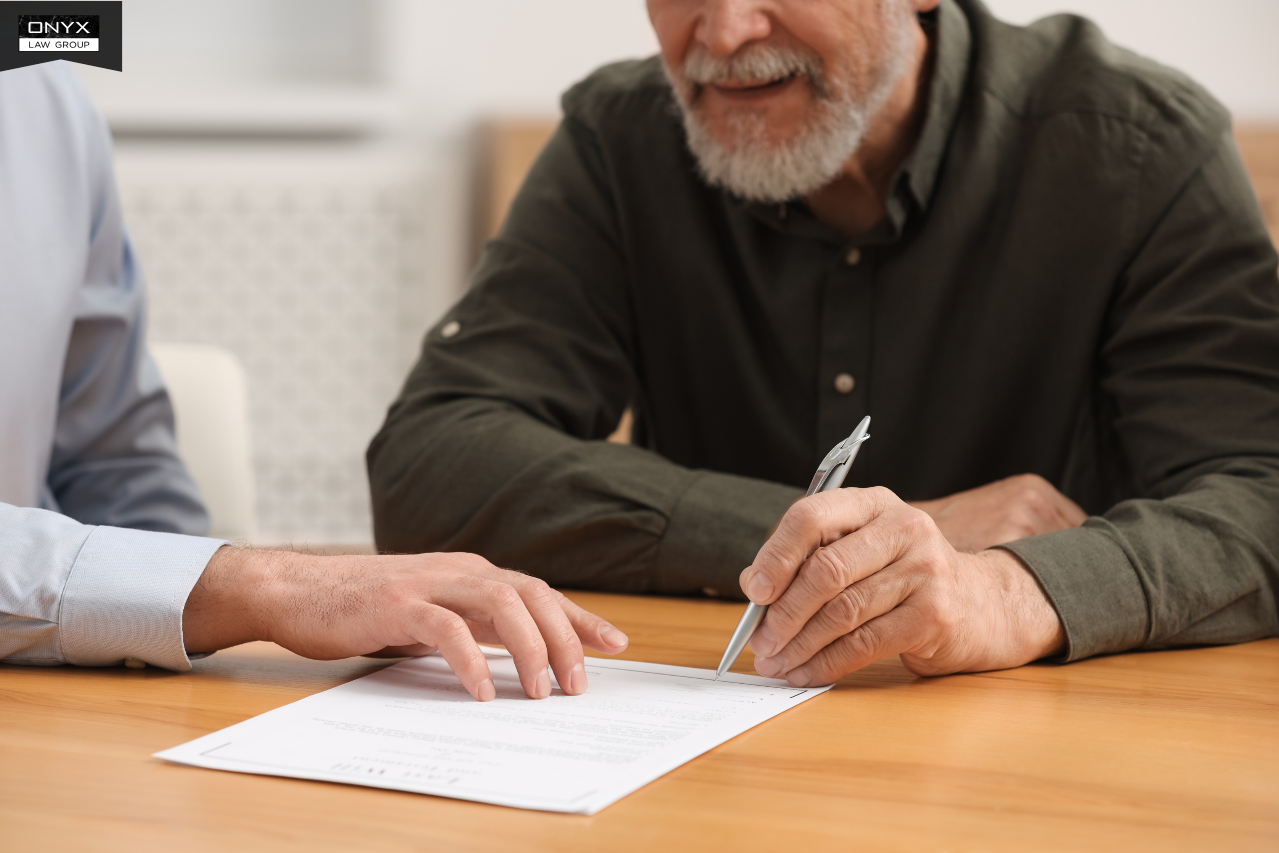 Lawyer reviewing will signing process with elderly parent and witnesses