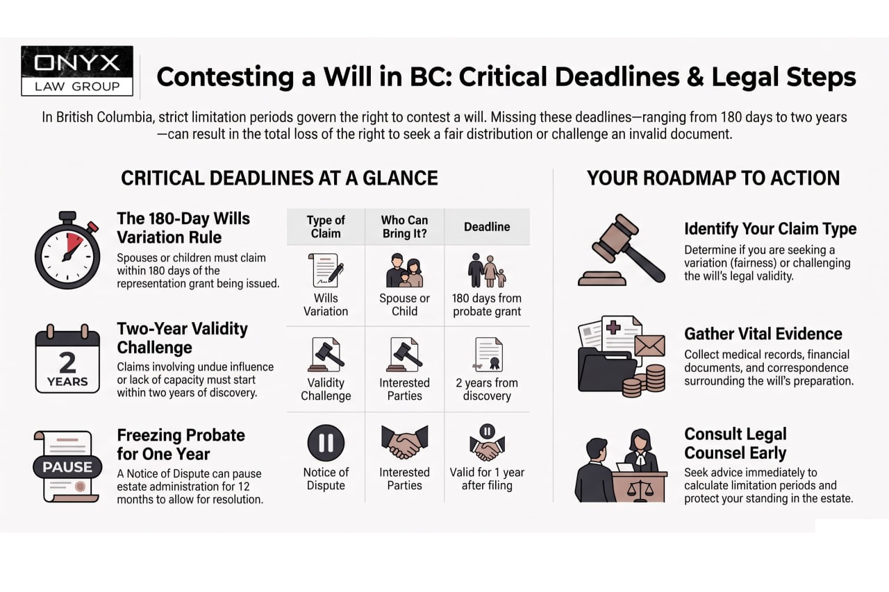 Infographic on BC will contest deadlines: the 180-day wills variation rule, the two-year validity challenge and the notice of dispute