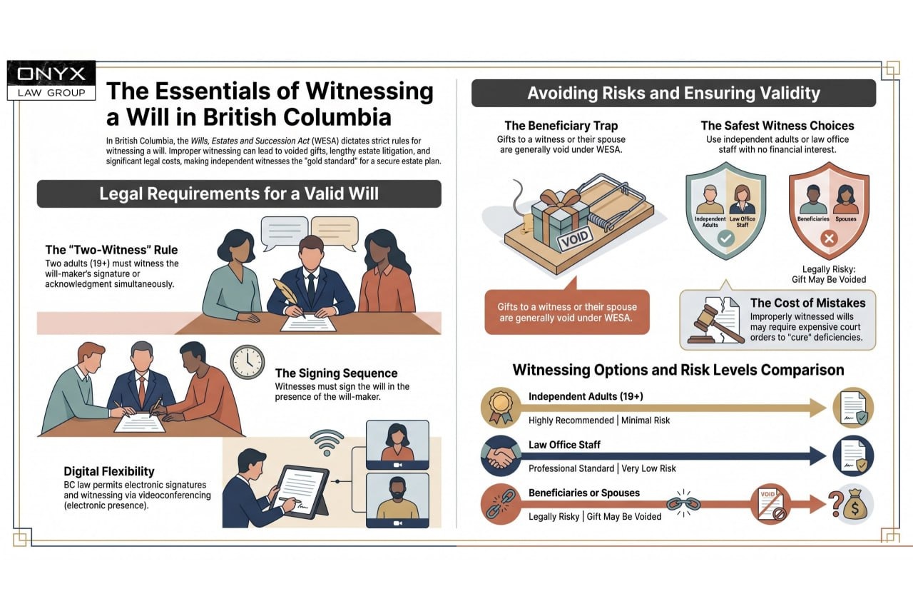 Infographic on witnessing a will in British Columbia: the two-witness rule, the signing sequence, electronic witnessing, gifts to a witness being void under WESA, and a comparison of witness choices by risk