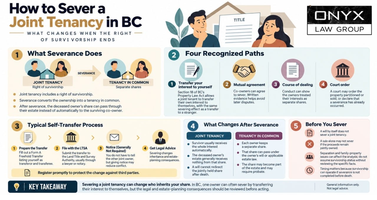 How to Sever a Joint Tenancy in BC: What Changes When the Right of Survivorship Ends Infographic on severing a joint tenancy in BC in five sections: what severance does (it converts a joint tenancy with a right of survivorship into a tenancy in common with separate shares); the four recognized paths (transfer your interest to yourself under section 18 of the Property Law Act, mutual agreement, course of dealing, court order); the typical self-transfer process (prepare a Form A Freehold Transfer, file with the LTSA, notice generally not required, get legal advice, register promptly); what changes after severance for joint tenancy versus tenancy in common; and points to check before you sever (a will alone does not sever, a sale may not sever, separation issues, timing). Key takeaway: severing a joint tenancy can change who inherits your share