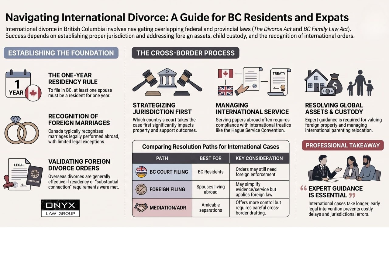 Infographic on international divorce for BC residents and expats: the one-year residency rule, recognition of foreign marriages and divorce orders, jurisdiction, international service, and a comparison of BC court filing, foreign filing and mediation