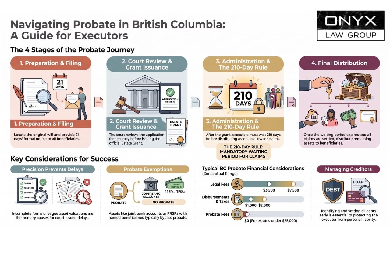 Infographic on probate in British Columbia: the four stages from preparation and filing through the 210-day waiting period to final distribution, what bypasses probate, and typical probate costs