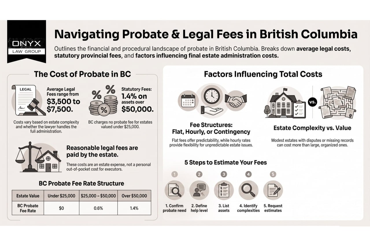 Infographic on probate legal fees in British Columbia: average lawyer fees of $3,500 to $7,500, the statutory rate of 1.4% on assets over $50,000, and the five steps to estimate your own costs