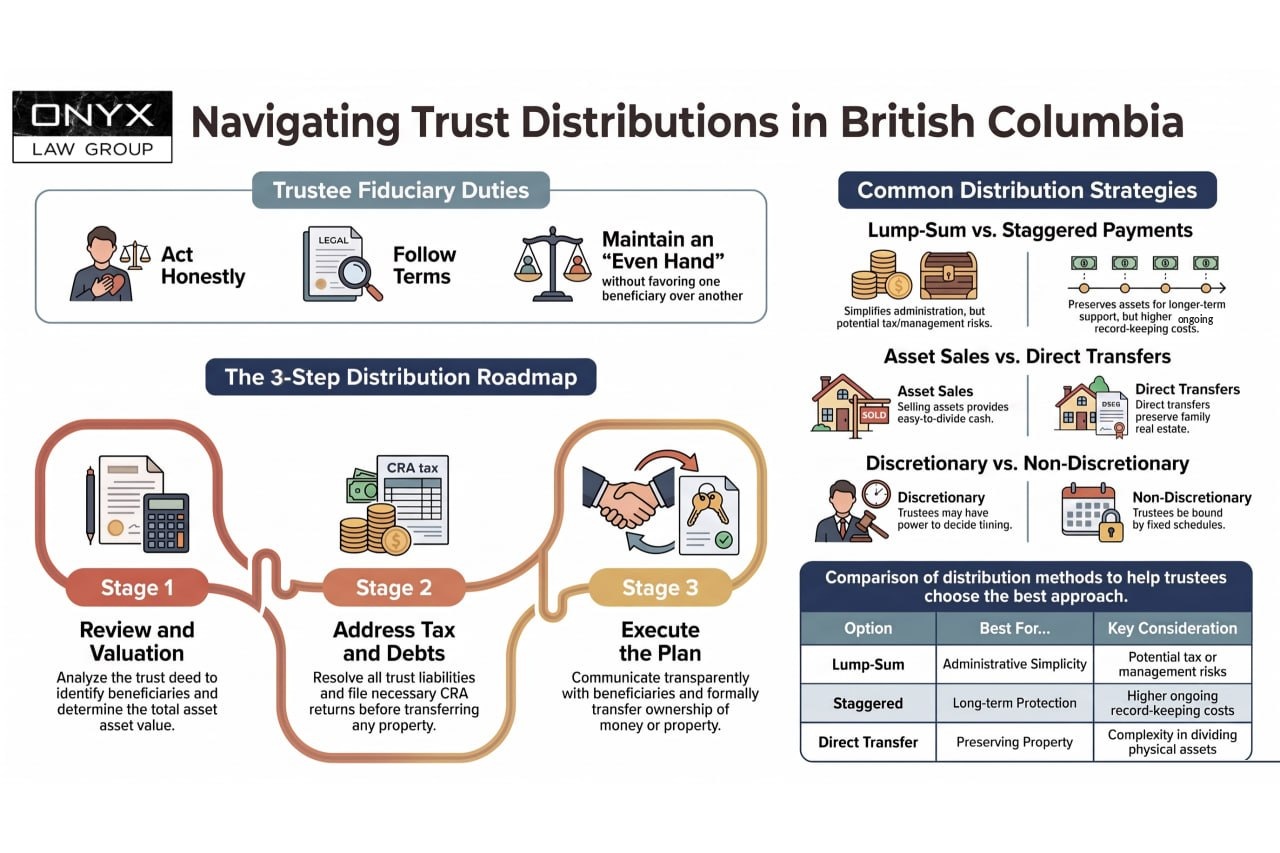 Navigating Trust Distributions in British Columbia Infographic on trust distributions in British Columbia: the trustee duties to act honestly, follow the terms and maintain an even hand, a three-stage roadmap from valuation to execution, and a comparison of lump-sum, staggered and direct-transfer methods