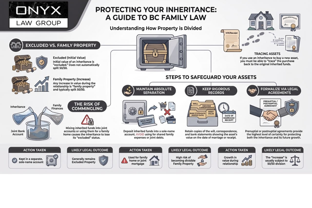 Infographic explaining how BC family law divides an inheritance: excluded property versus family property, the risk of commingling inherited funds, and the steps to safeguard an inheritance