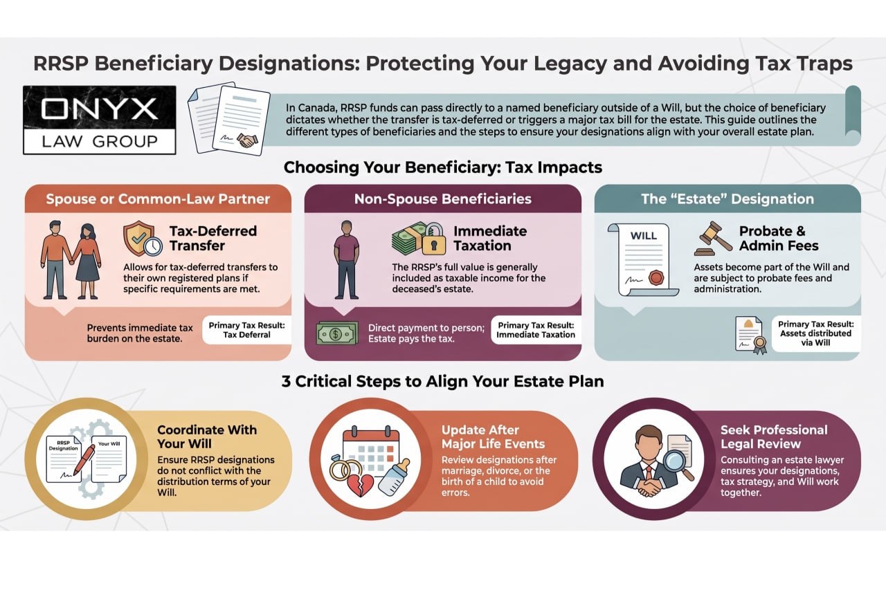 RRSP Beneficiary Designations: Protecting Your Legacy and Avoiding Tax Traps Infographic on RRSP beneficiary designations in Canada: tax-deferred transfer to a spouse or common-law partner, immediate taxation with a non-spouse beneficiary, probate and administration when the estate is named, and three steps to align the designation with your will