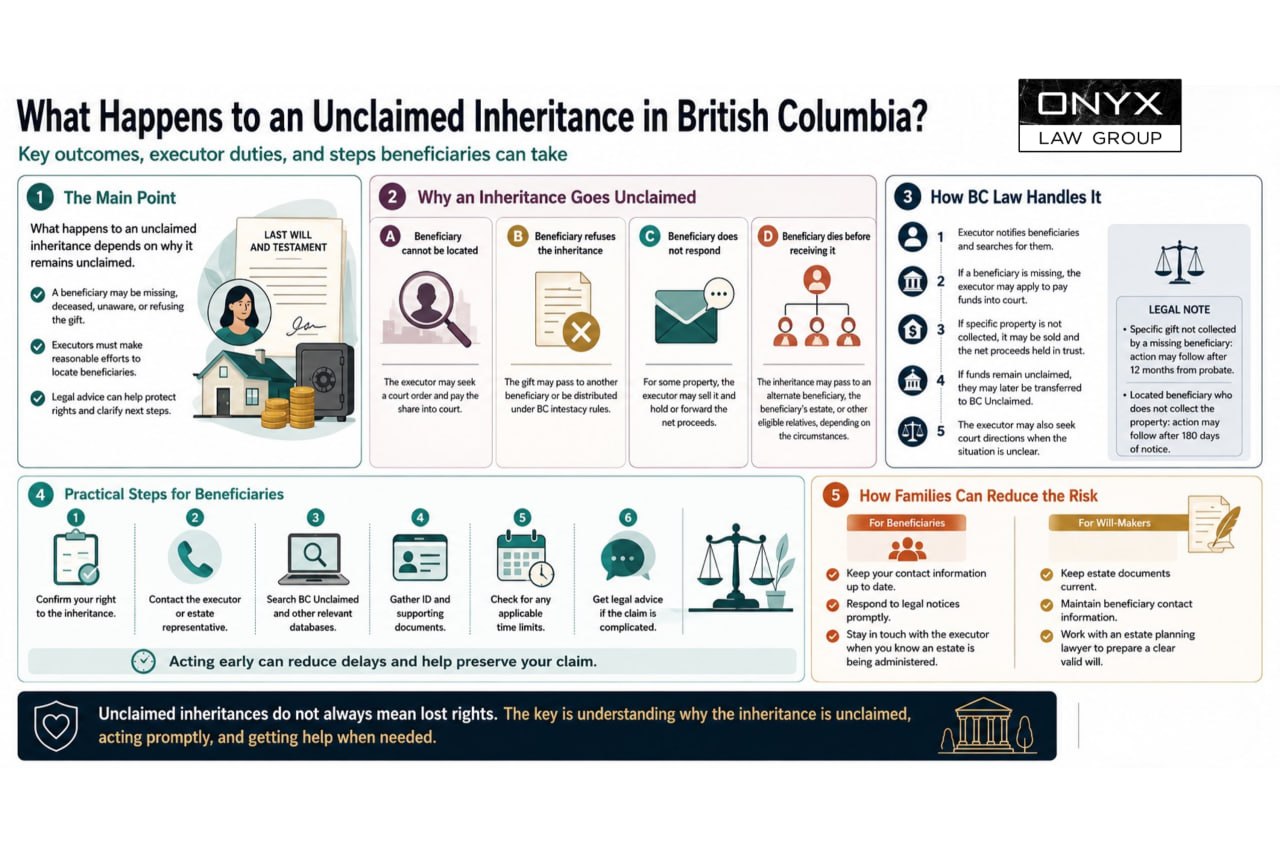 Infographic on unclaimed inheritances in British Columbia: why an inheritance goes unclaimed, how BC law handles it, the practical steps a beneficiary can take, and how families can reduce the risk